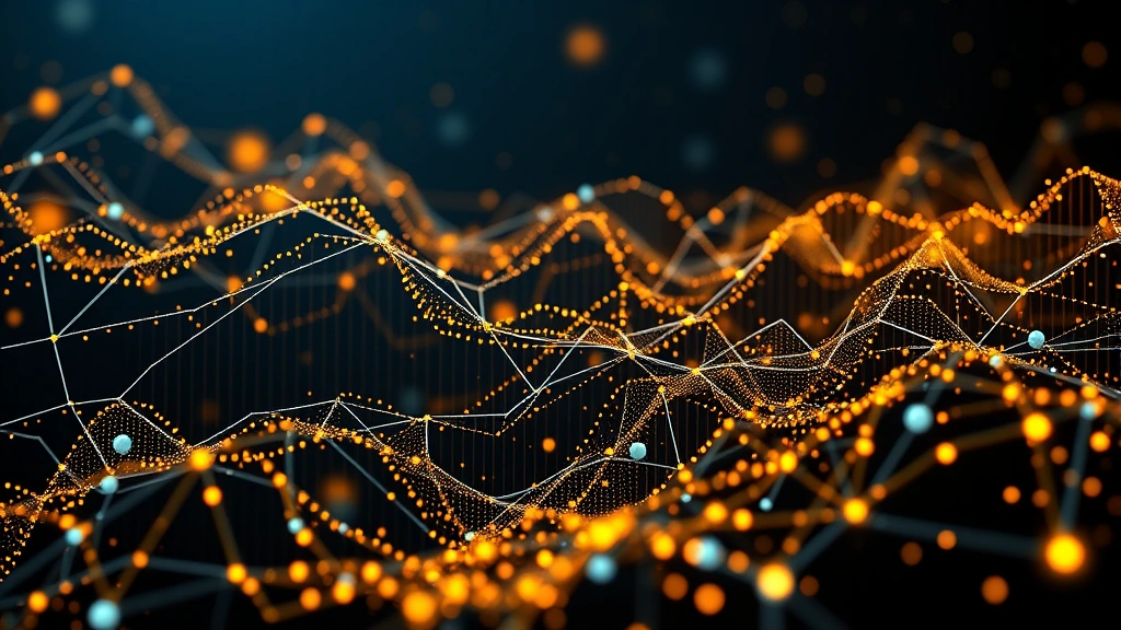 Blockchain network visualization with flowing data points representing liquidation cascades across Bitcoin price levels, abstract digital art style with interconnected nodes