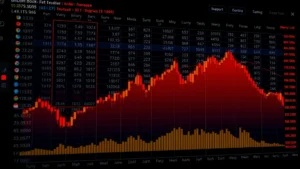 Photorealistic visualization of bitcoin exchange order book with color gradient heatmap showing concentrated red zones at support and resistance levels, blue sparse areas in between, professional trading interface aesthetic