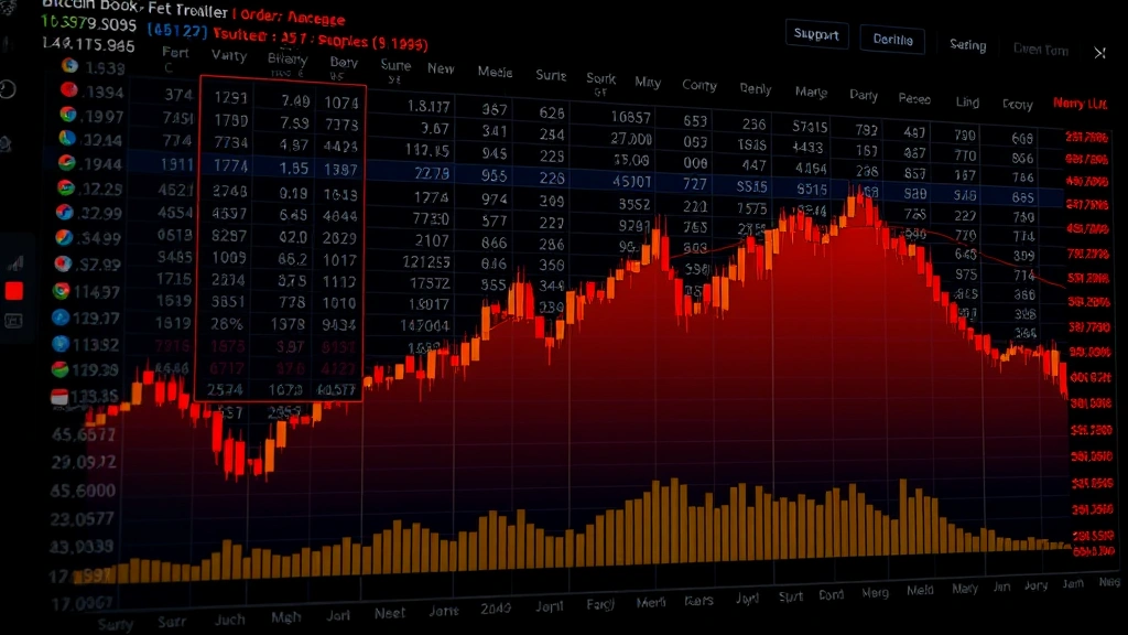 Photorealistic visualization of bitcoin exchange order book with color gradient heatmap showing concentrated red zones at support and resistance levels, blue sparse areas in between, professional trading interface aesthetic