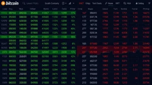Bitcoin trading terminal displaying real-time order book depth with green buy orders on left and red sell orders on right, showing market microstructure and liquidity concentration at different price levels
