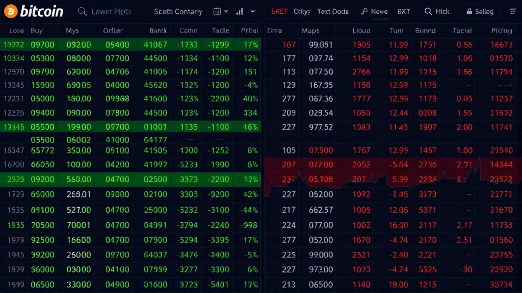 Bitcoin trading terminal displaying real-time order book depth with green buy orders on left and red sell orders on right, showing market microstructure and liquidity concentration at different price levels