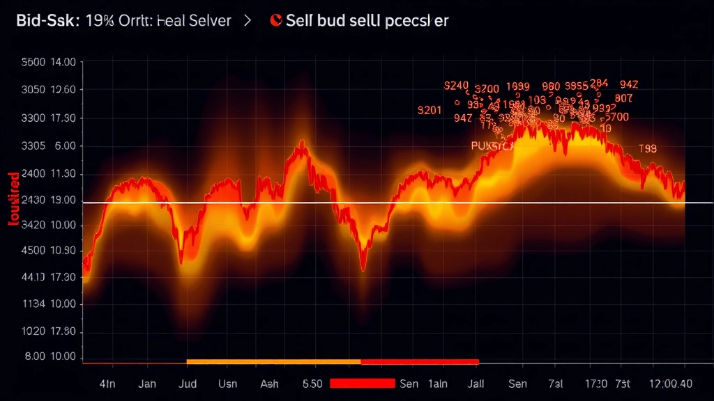 Close-up detailed heatmap display showing bid-ask spread with dense red liquidity cluster below current price level and lighter scattered sell orders above, representing bullish market structure and buying pressure