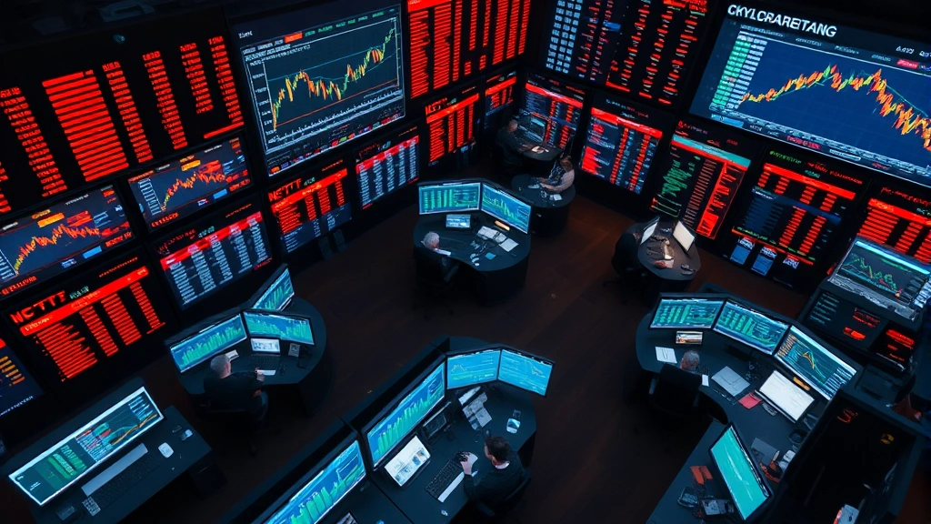 Wide overhead view of multiple cryptocurrency exchange trading floors during active session with glowing heatmap overlays on digital screens, traders monitoring real-time liquidity patterns and market microstructure data