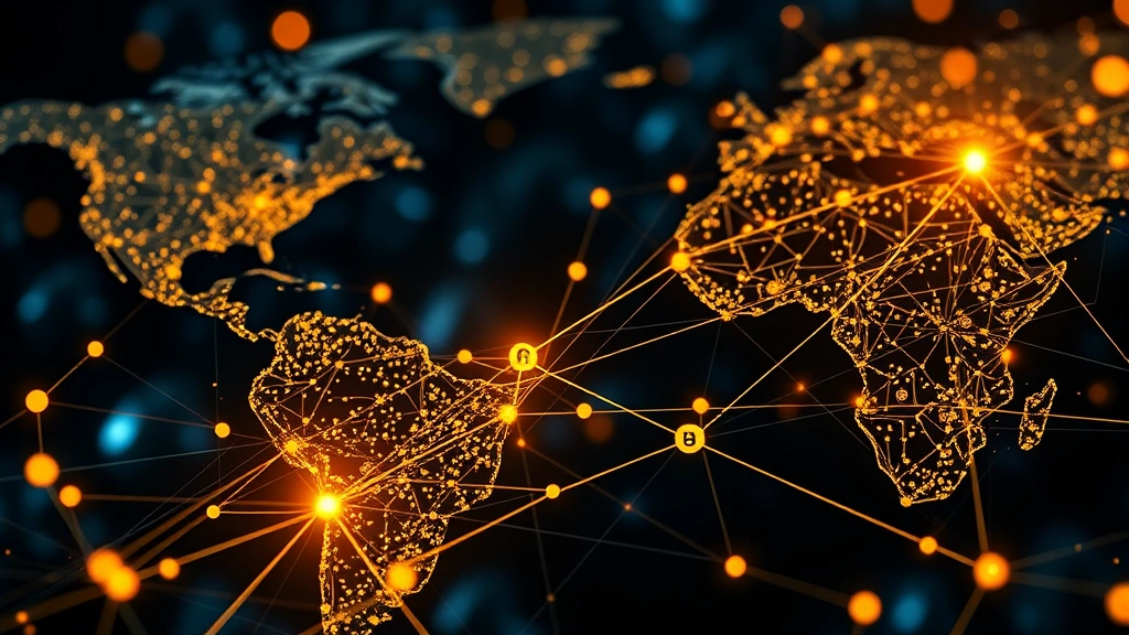 Blockchain network visualization with Bitcoin transactions flowing across interconnected nodes representing global Bitcoin exchange liquidity, digital currency trading infrastructure