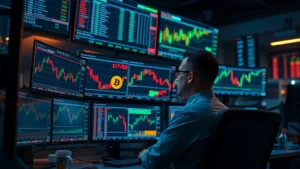 Photorealistic image of a professional trader analyzing Bitcoin price charts on multiple high-resolution monitors in a modern trading floor environment with ambient lighting, cryptocurrency data streaming in background
