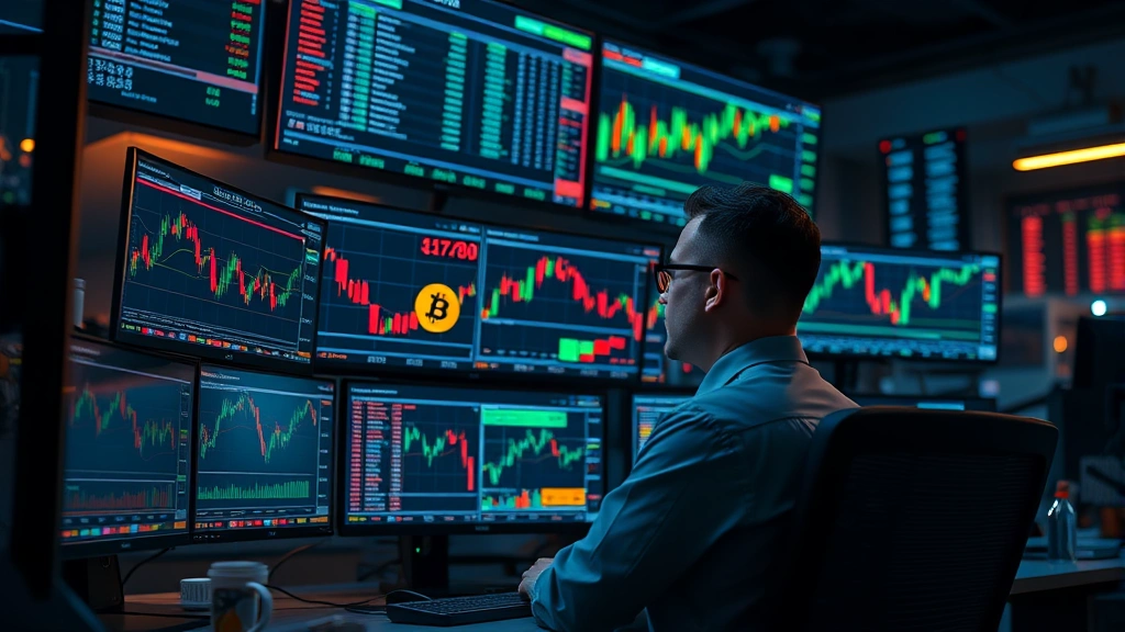 Photorealistic image of a professional trader analyzing Bitcoin price charts on multiple high-resolution monitors in a modern trading floor environment with ambient lighting, cryptocurrency data streaming in background