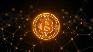 Digital Bitcoin symbol glowing on dark blockchain network background with interconnected nodes representing market inefficiencies and trading connections across multiple exchanges worldwide