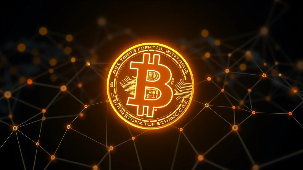 Digital Bitcoin symbol glowing on dark blockchain network background with interconnected nodes representing market inefficiencies and trading connections across multiple exchanges worldwide