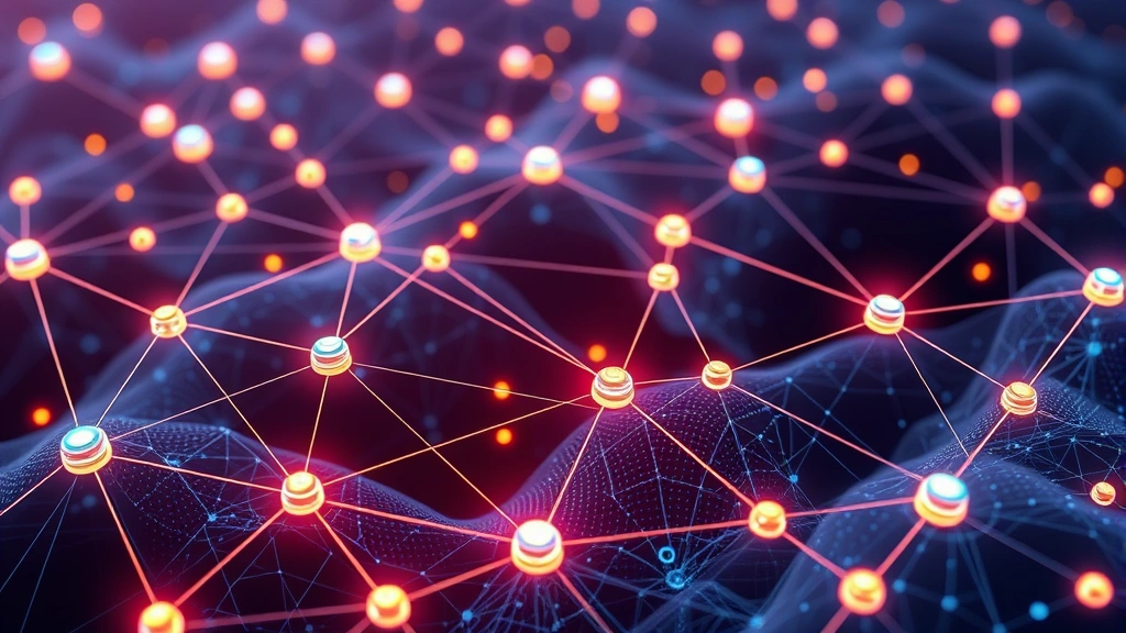 Detailed illustration of blockchain network nodes connecting securely, showing data transmission and cryptographic verification processes in a digital landscape with glowing connections and nodes