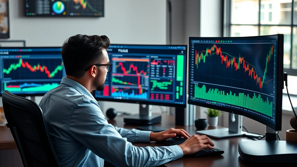 Person at computer desk studying cryptocurrency charts and data with multiple monitors displaying real-time market information, representing legitimate research-based trading analysis and due diligence
