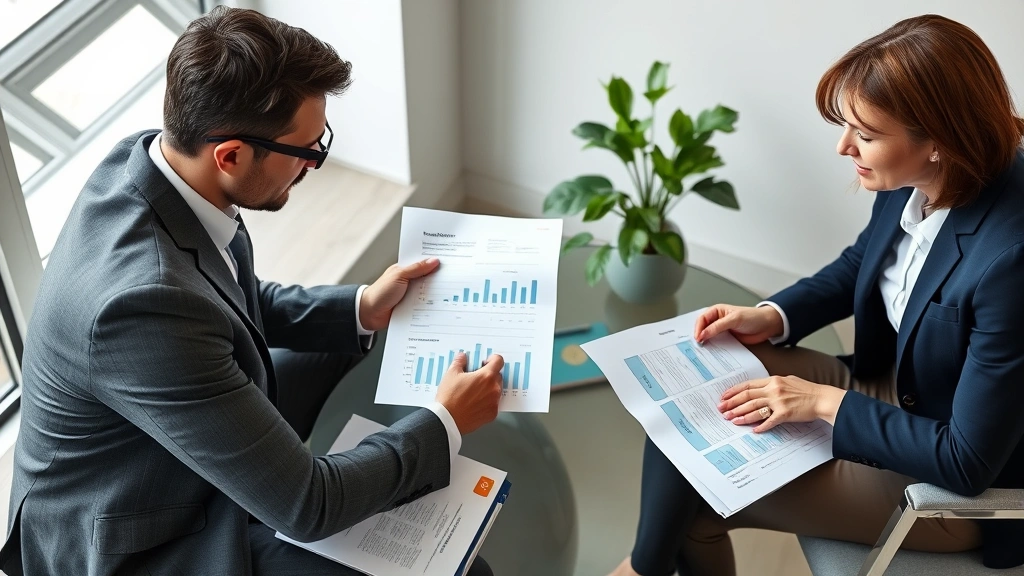 Professional photograph of a financial advisor meeting with a client discussing investment strategy documents and portfolio allocation, with Bitcoin and cryptocurrency terminology visible on materials