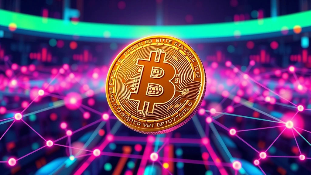Photorealistic Bitcoin coin floating in cyberspace with vibrant neon colors and blockchain nodes connecting around it, no text or labels