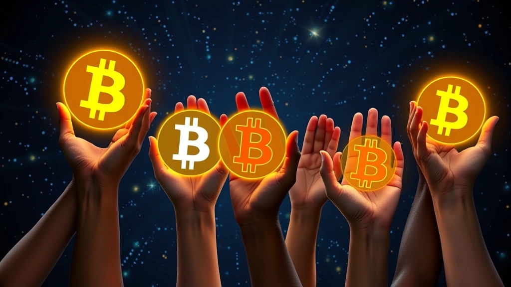 Digital art showing diverse hands holding glowing Bitcoin symbols against a starry background with network light trails, no text overlay
