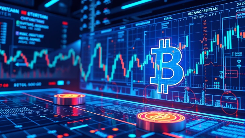 Futuristic cryptocurrency trading scene with holographic Bitcoin and blockchain elements, glowing data streams, professional and immersive