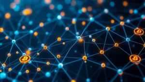 Bitcoin blockchain network with glowing interconnected nodes, digital currency symbols in blue and gold colors, abstract technology background, photorealistic rendering