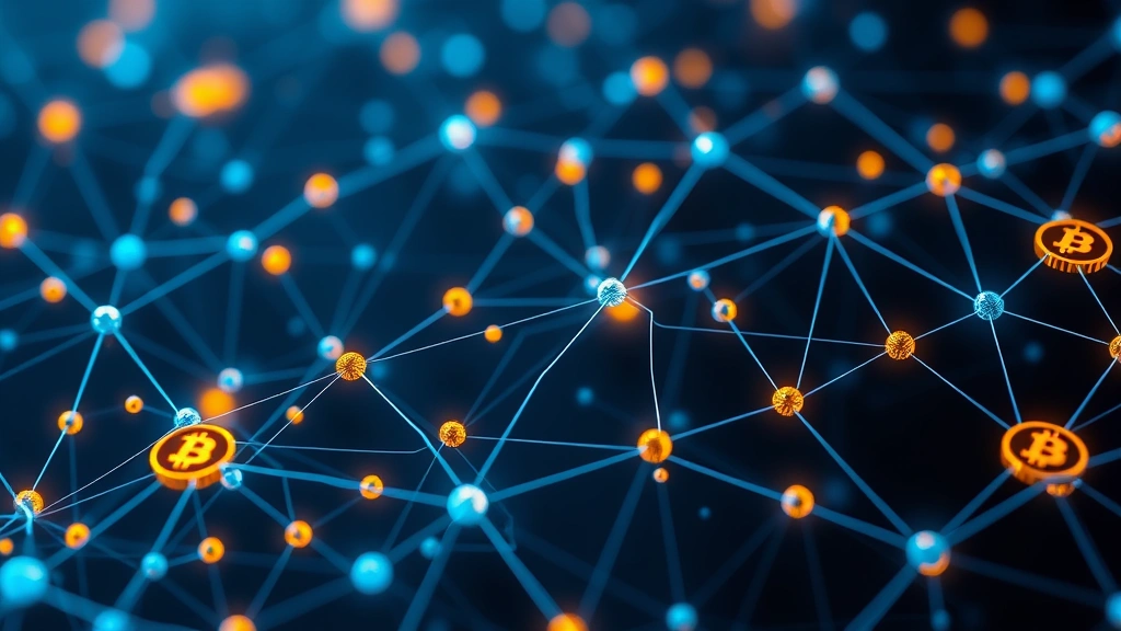 Bitcoin blockchain network with glowing interconnected nodes, digital currency symbols in blue and gold colors, abstract technology background, photorealistic rendering