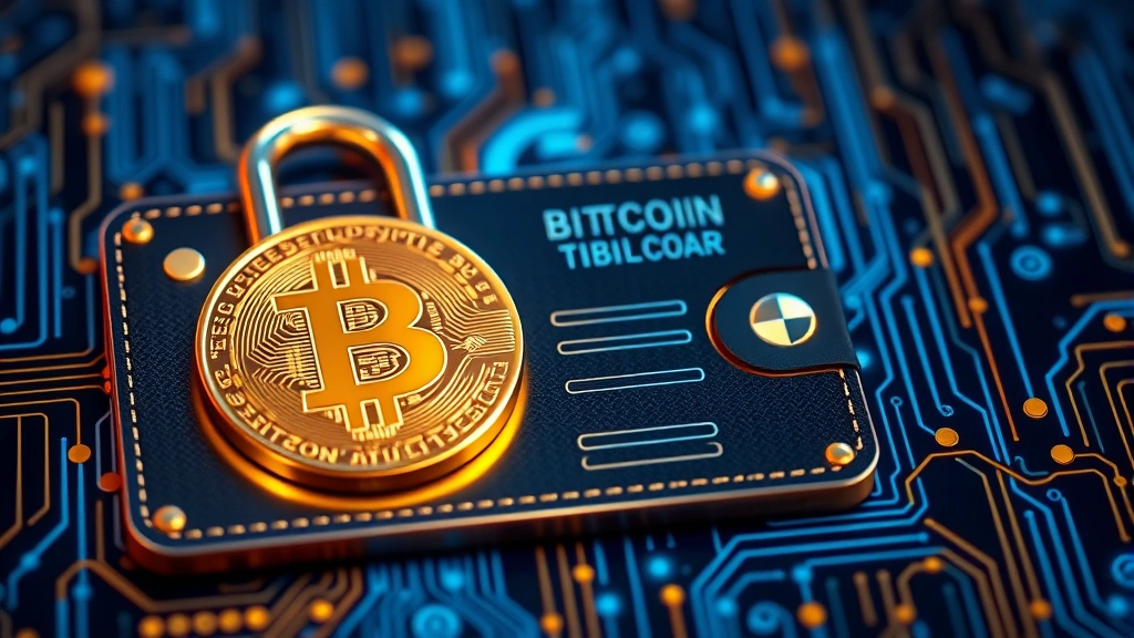 Digital security wallet with Bitcoin symbol, cryptographic keys visible, blockchain ledger pattern, modern tech aesthetic with gold and blue tones, photorealistic