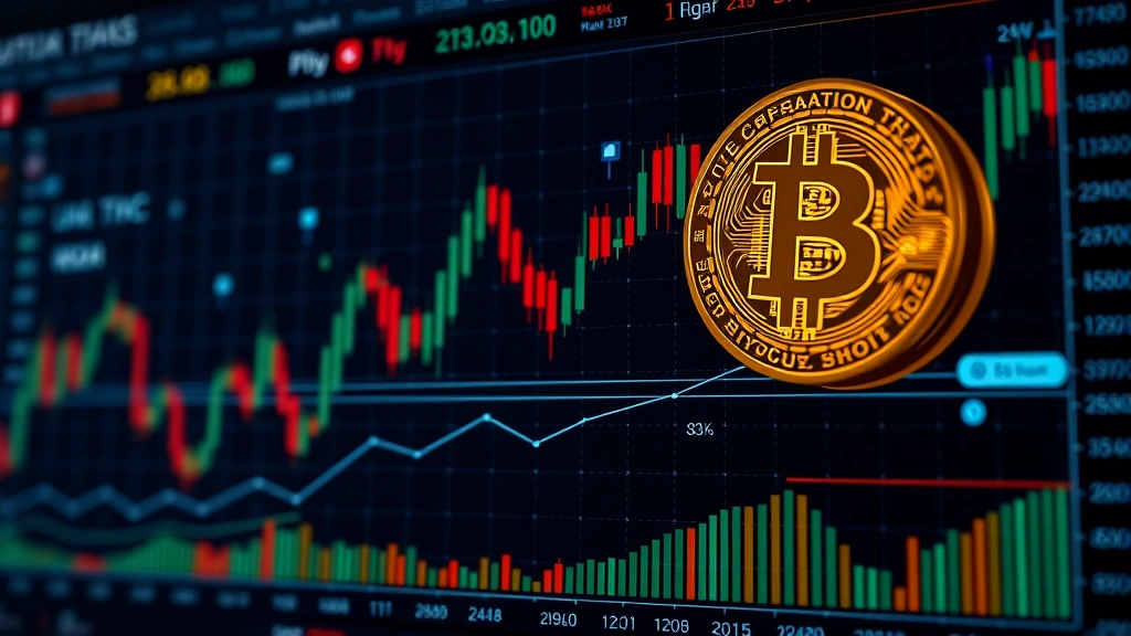 Cryptocurrency trading interface showing candlestick charts, Bitcoin symbol, market data visualization, digital assets and blockchain concepts, photorealistic tech design