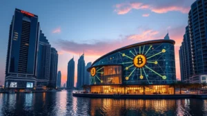 Futuristic cryptocurrency trading hub in Dubai Marina with holographic Bitcoin symbols and blockchain network visualization, modern glass architecture reflecting digital data streams, sunset lighting over waterfront