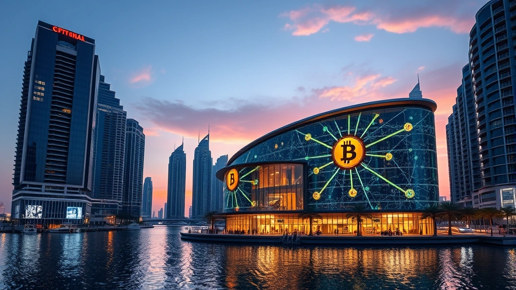 Futuristic cryptocurrency trading hub in Dubai Marina with holographic Bitcoin symbols and blockchain network visualization, modern glass architecture reflecting digital data streams, sunset lighting over waterfront