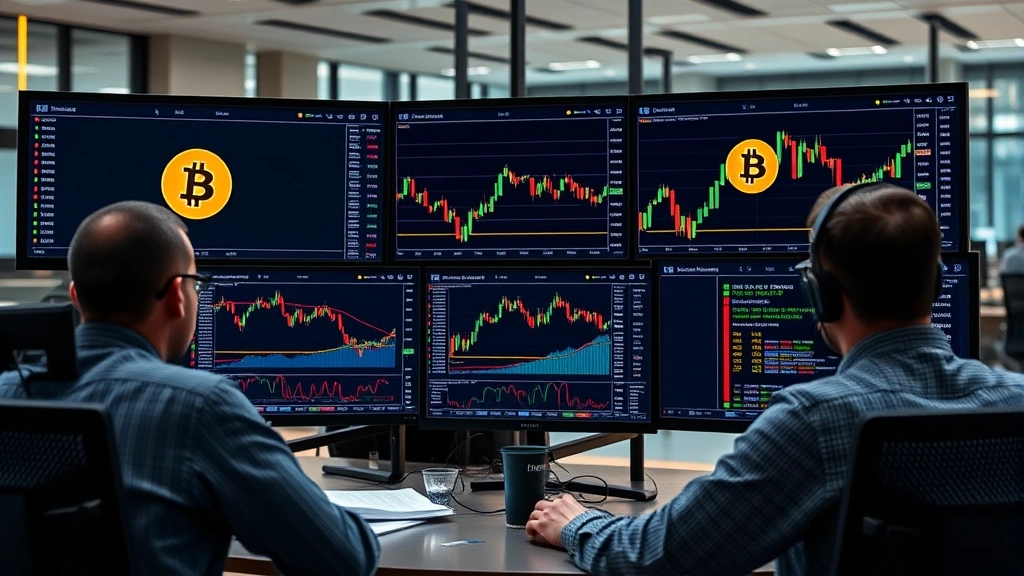 Cryptocurrency trading terminal displaying Bitcoin charts and market data in modern financial center office environment, professional traders monitoring screens with blockchain interface elements, contemporary workspace with multiple monitors