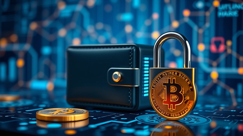 Secure cryptocurrency hardware wallet and digital security concept with blockchain network visualization in background, digital padlock and encryption symbols, cybersecurity elements with golden Bitcoin imagery