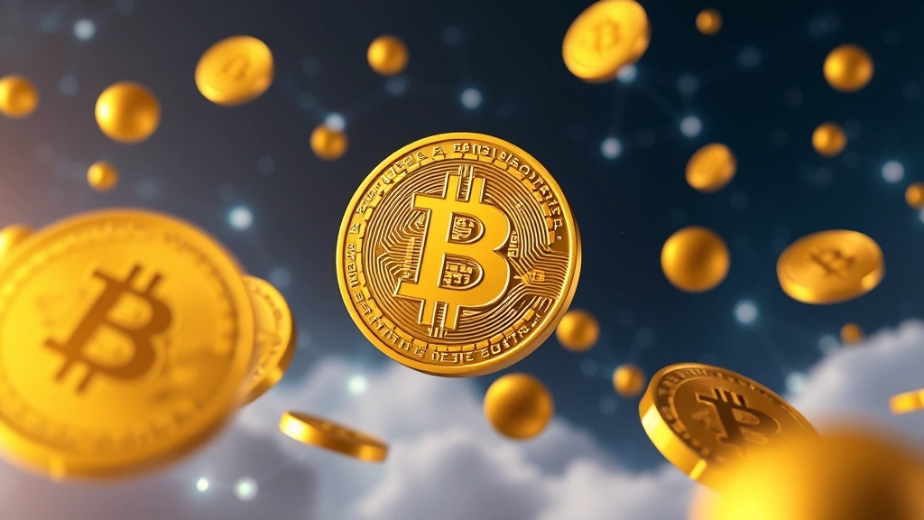 Digital cryptocurrency coins floating in space with golden Bitcoin symbol prominent, blockchain network nodes glowing in background, photorealistic 3D rendering