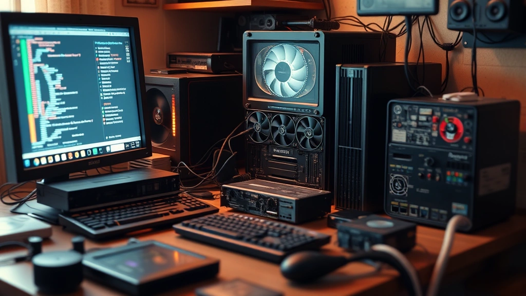Early computer hardware from 2009-2012 era showing GPU mining setup, vintage graphics cards and processing units arranged on desk, warm lighting, cinematic depth of field