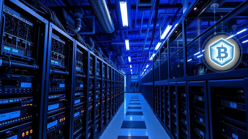 Modern cryptocurrency mining facility with rows of ASIC miners operating under blue industrial lighting, cooling systems visible, blockchain data streams flowing in air around equipment