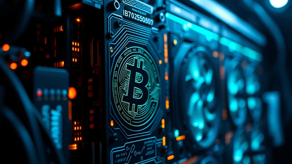 Photorealistic close-up of Bitcoin mining ASIC hardware with glowing circuit patterns and heat dissipation systems, dark background, professional lighting