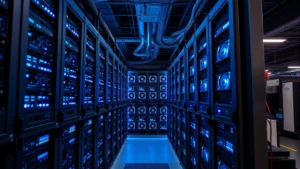 Professional data center with rows of ASIC Bitcoin mining hardware in racks, blue LED lights, cooling systems visible, industrial warehouse setting with cables and power distribution equipment