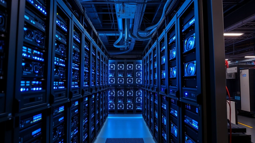 Professional data center with rows of ASIC Bitcoin mining hardware in racks, blue LED lights, cooling systems visible, industrial warehouse setting with cables and power distribution equipment