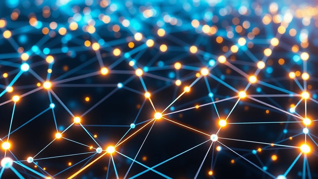 Photorealistic visualization of blockchain network nodes connected by glowing lines, cryptocurrency data flowing through digital pathways, futuristic tech aesthetic