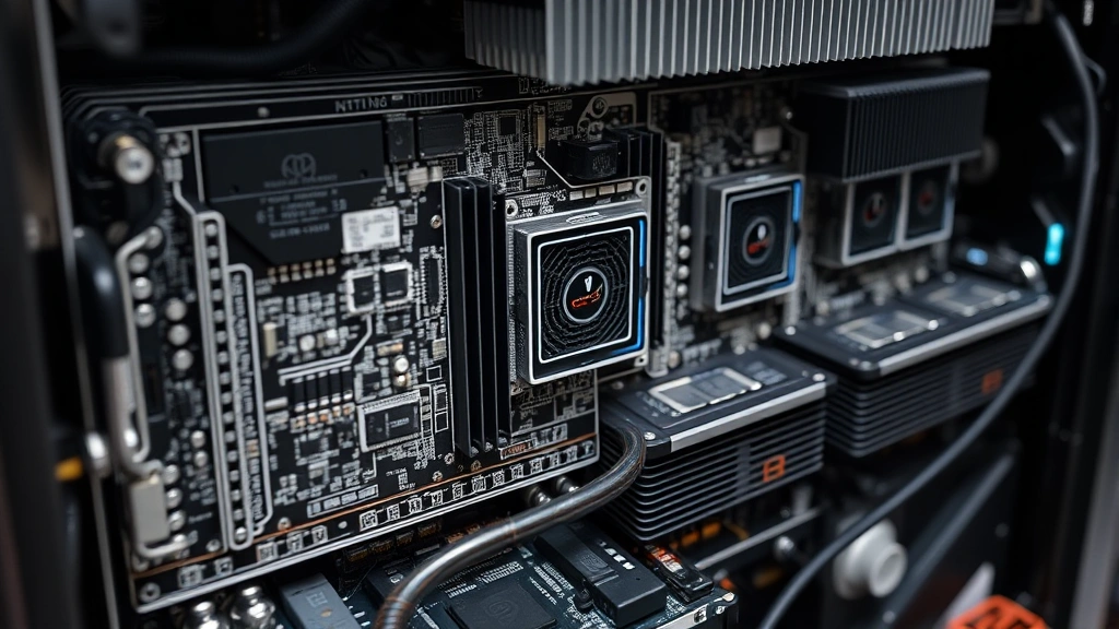 Close-up of modern ASIC miner hardware with circuit boards, heat sinks, and cooling components, technical details visible, professional mining equipment photography