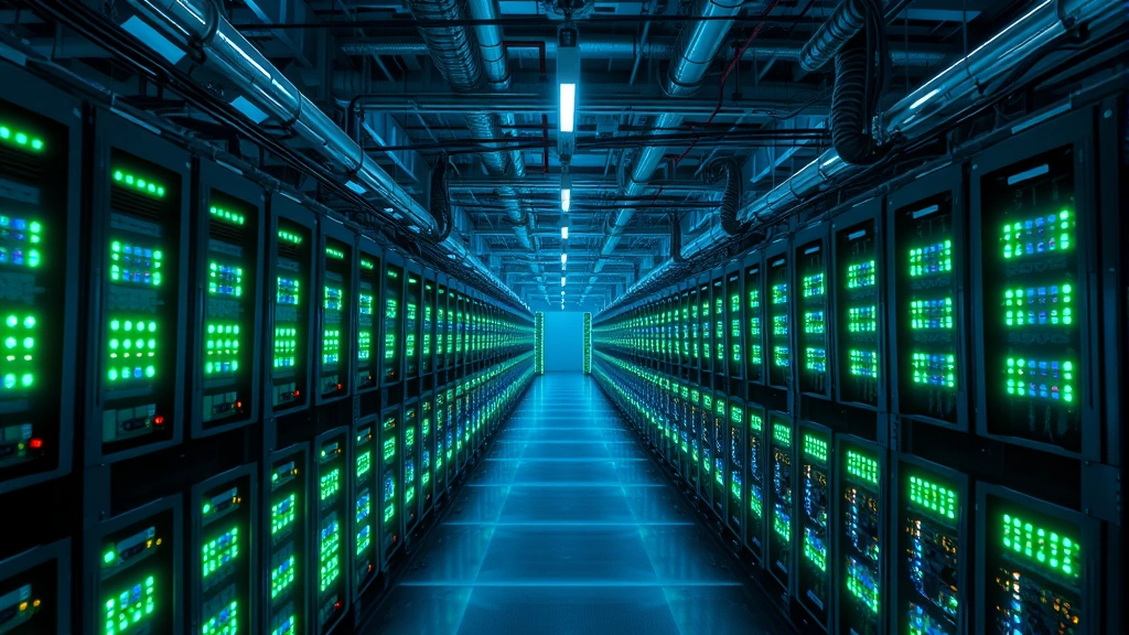 Photorealistic image of a large-scale mining operation with rows of mining rigs emitting blue and green LED lights, industrial setting with cooling systems visible