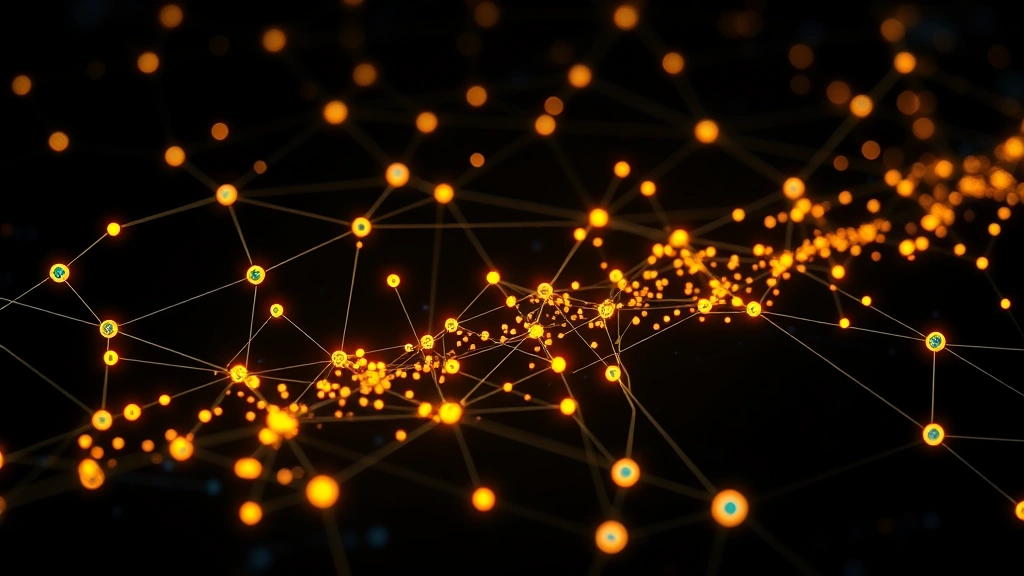 Bitcoin blockchain visualization with mining nodes connected in network, digital representation of distributed mining operation, glowing nodes and data streams on dark background
