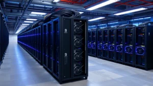 Industrial bitcoin mining facility with rows of ASIC mining rigs in a warehouse, blue LED lights illuminating the equipment, visible cooling systems, professional mining operation setup