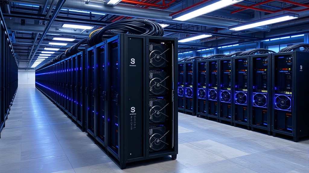 Industrial bitcoin mining facility with rows of ASIC mining rigs in a warehouse, blue LED lights illuminating the equipment, visible cooling systems, professional mining operation setup