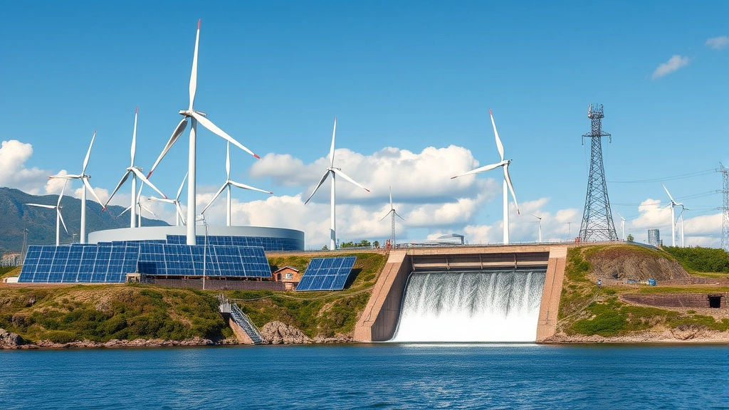 Renewable energy power plant with wind turbines or hydroelectric dam, representing sustainable energy sources for mining operations, clean energy infrastructure for cryptocurrency