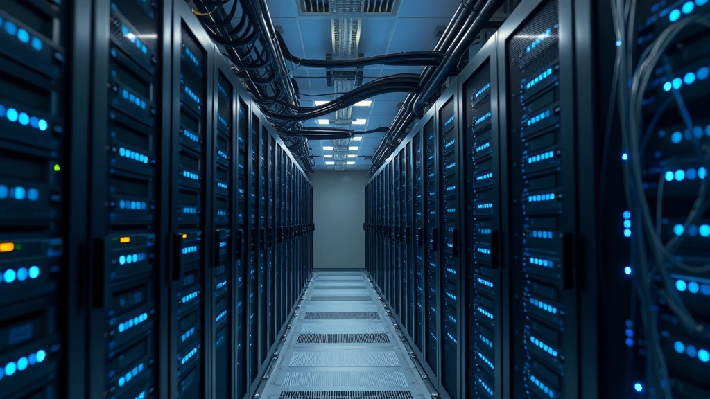 Professional data center with rows of ASIC mining hardware, blue LED indicators glowing, cables organized systematically, industrial cooling systems visible, photorealistic perspective