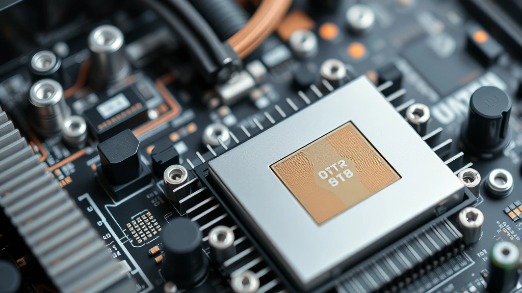 Close-up of advanced computer processor and circuit board components with cooling solutions, representing computational power and optimization technology, photorealistic detail