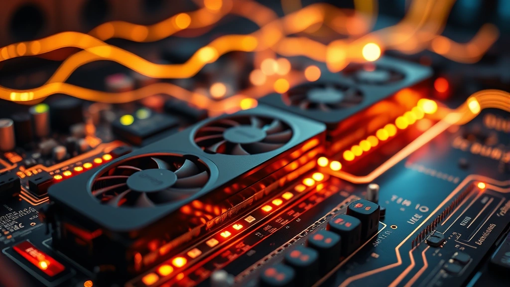 Close-up of advanced computer hardware components including GPUs and circuit boards with glowing connections, abstract binary code flowing as light streams, representing computational cryptographic work and data processing