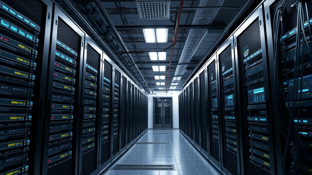 Modern data center environment with organized server racks and network infrastructure, representing mining operation management systems, professional lighting and cable management visible