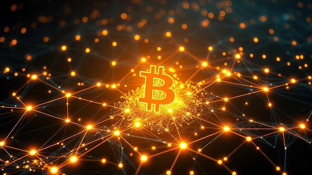 Bitcoin blockchain network visualization with interconnected nodes and glowing data points, abstract digital landscape representing mining operations and distributed computing infrastructure