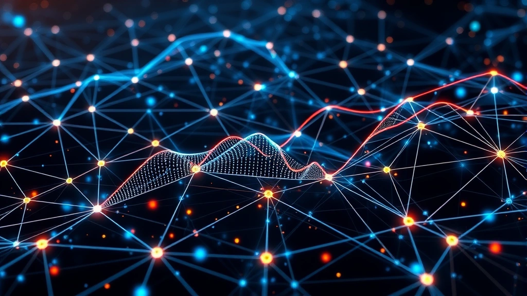 Futuristic blockchain network visualization showing interconnected nodes and data streams, mining difficulty curves as geometric patterns, transaction blocks being validated, representing distributed mining pool infrastructure