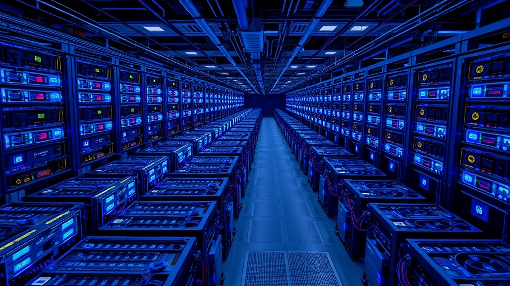 Large-scale industrial bitcoin mining facility with thousands of ASIC miners arranged in rows, blue LED lights glowing, cooling systems visible, professional data center environment with cables and infrastructure