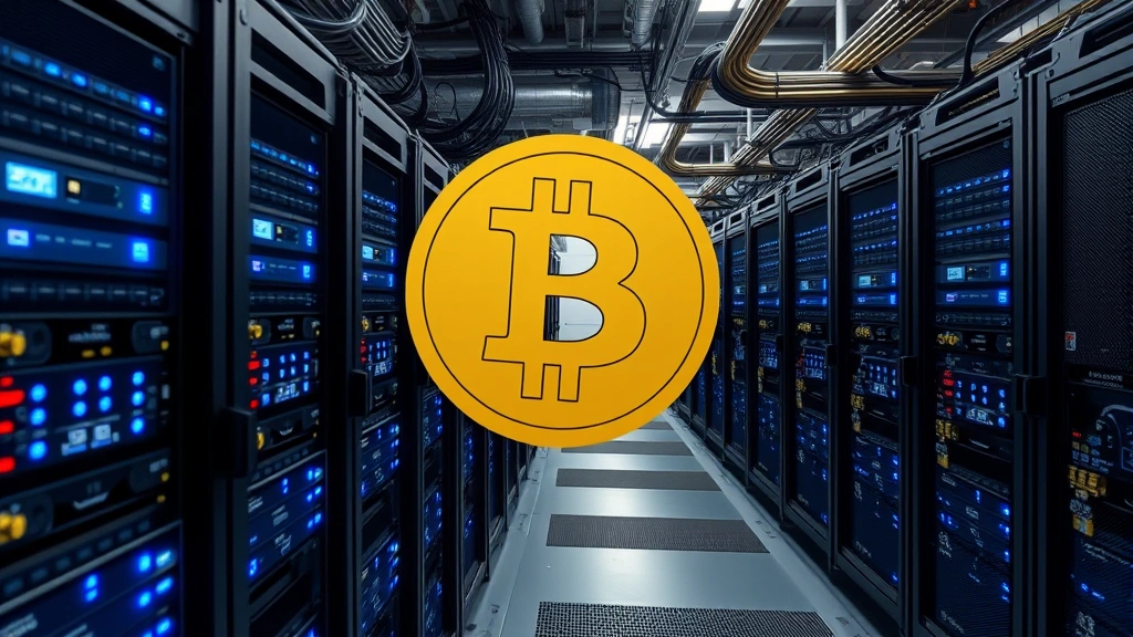 ASIC Bitcoin mining hardware setup in industrial facility with rows of specialized processors and cooling systems, blue LED indicators glowing, professional mining operation