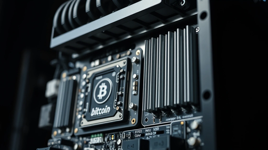 Close-up of modern ASIC bitcoin mining hardware unit showing circuit boards, cooling fins, and technical components, photographed in professional lighting against dark background