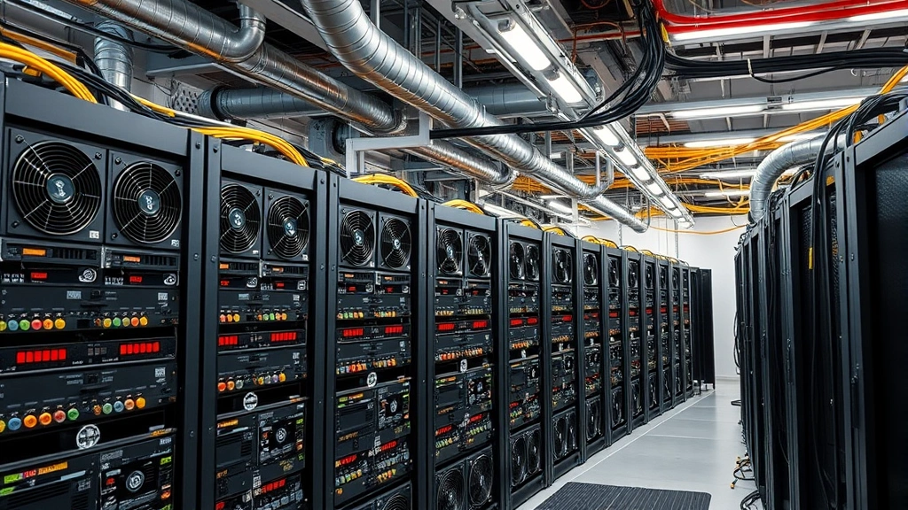 Close-up of Bitcoin mining farm with multiple high-powered computers arranged in racks, ventilation systems, industrial cooling equipment, cables and power distribution