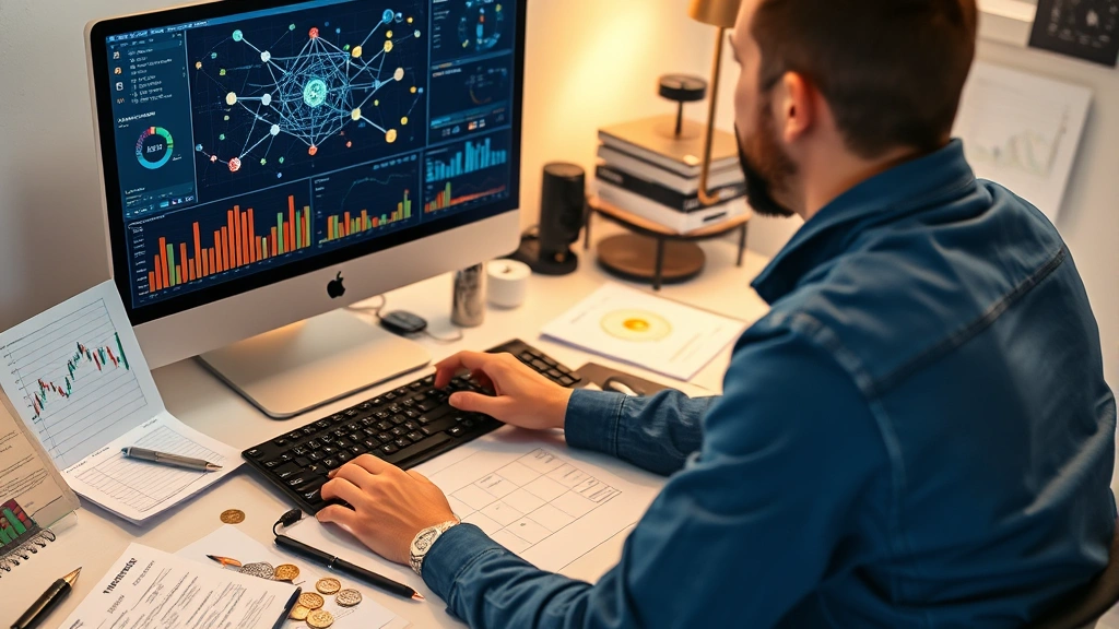 Person at desk researching cryptocurrency blockchain technology on computer monitor showing network diagrams and data analytics, surrounded by cryptocurrency-related materials and notes